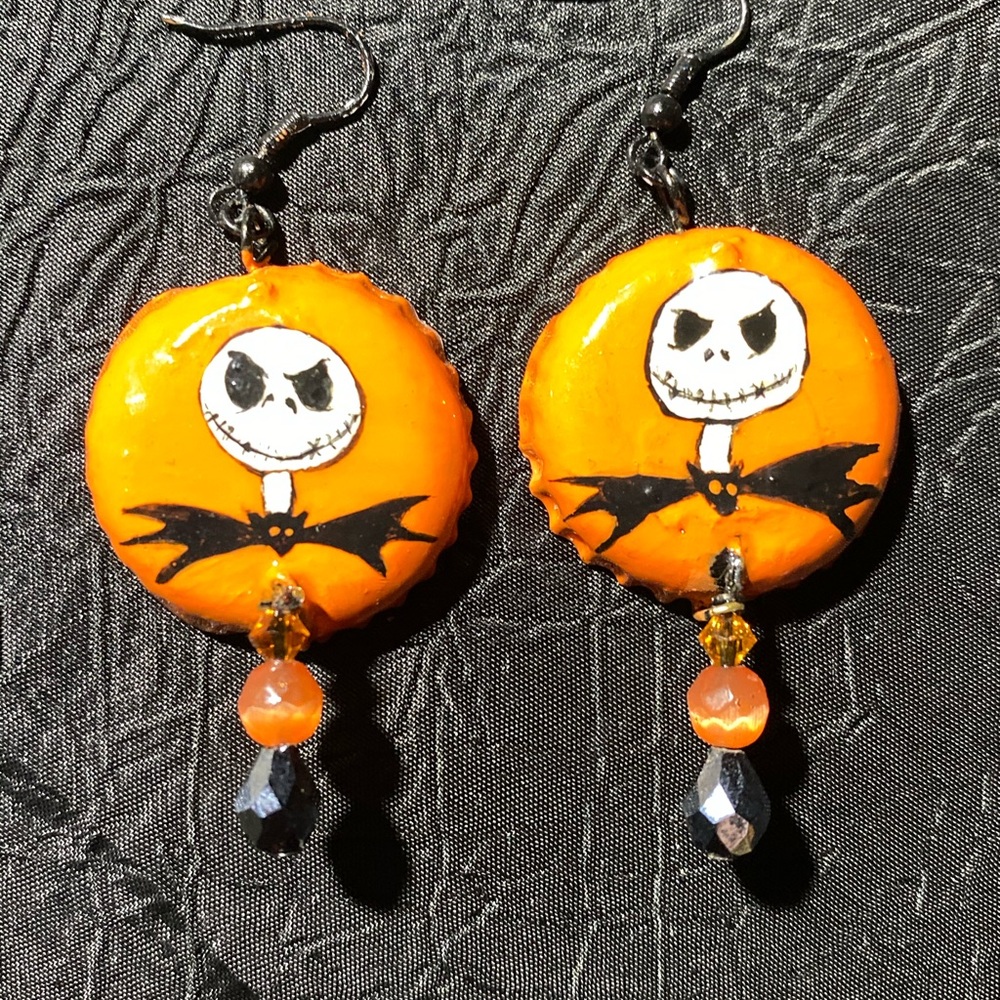 Jack Skellington inspired bottle cap art earrings